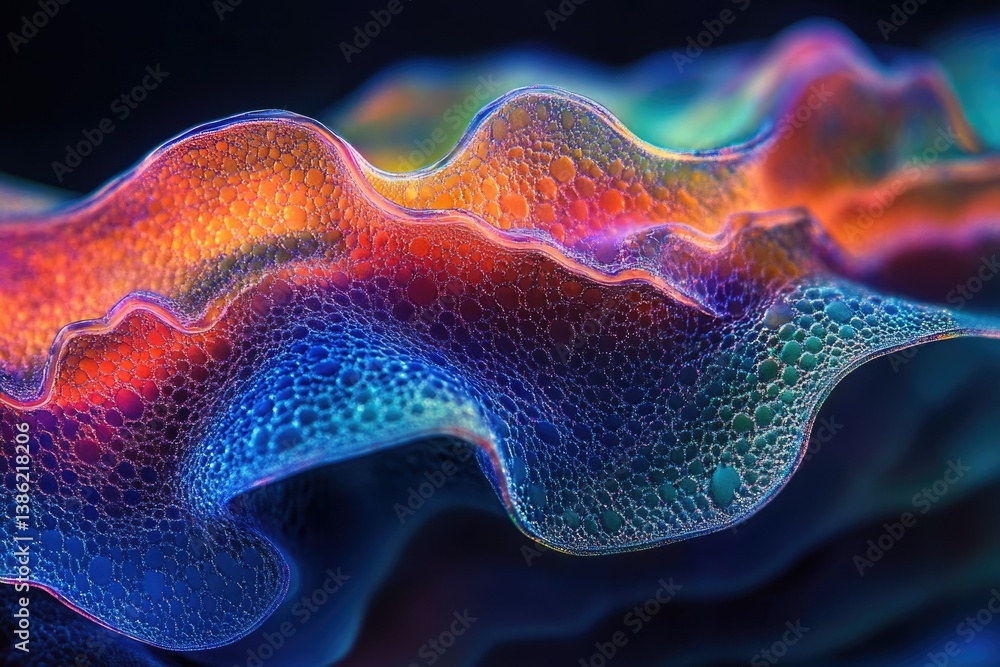 Poster abstract image featuring a wavy, organic structure with vibrant colors, bubbly textures, and a sense