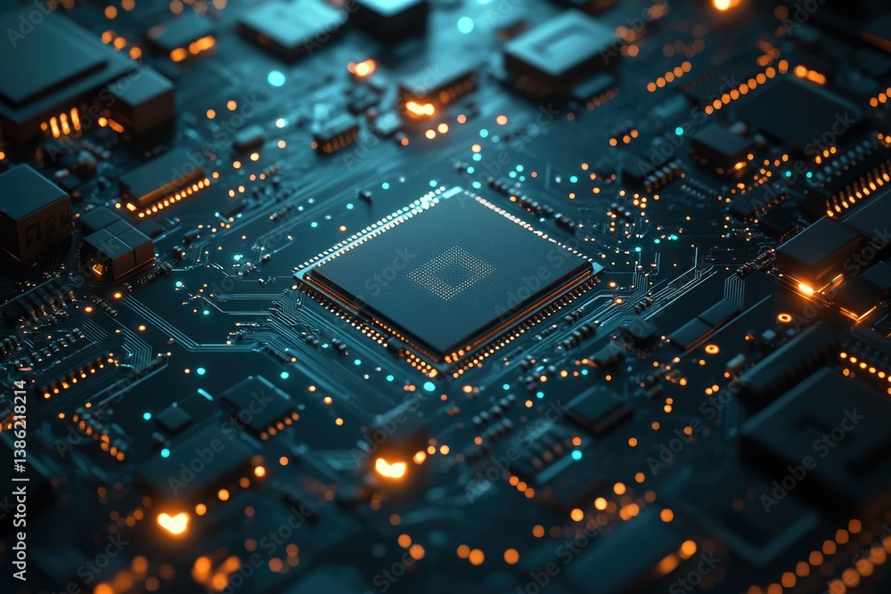 Poster A detailed macro shot of a futuristic, advanced computer motherboard with integrated circuits, chips and intricate glowing connections.