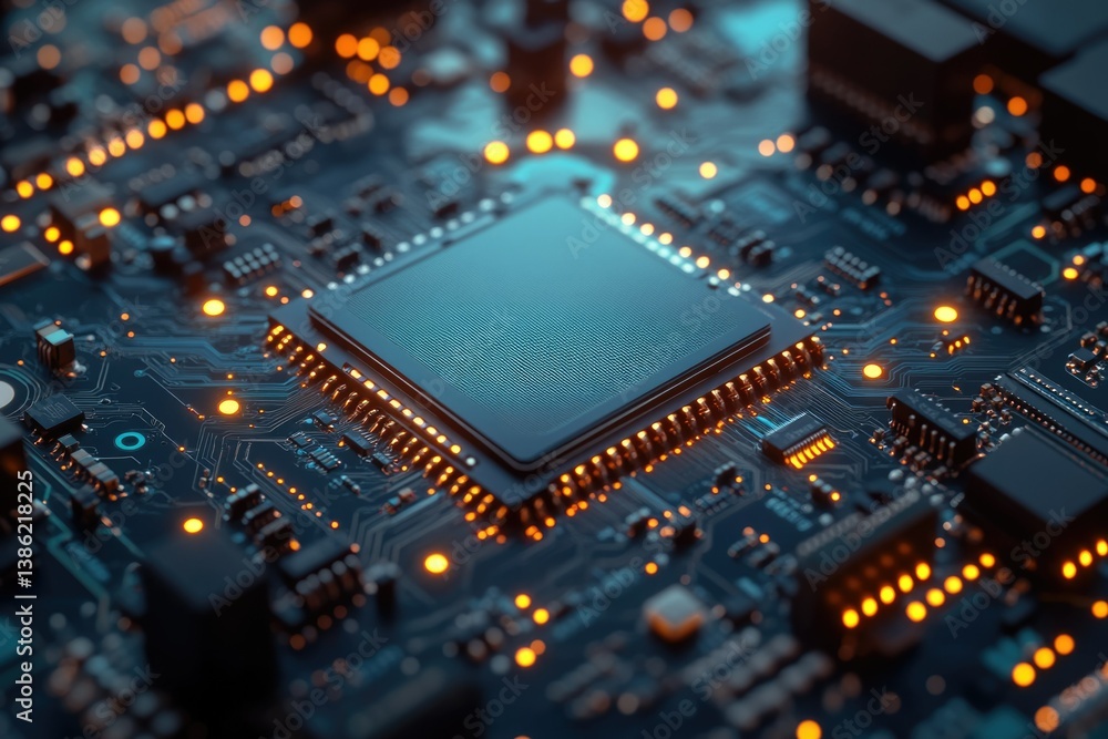 Poster Detailed view of a complex computer motherboard with a central processing unit and glowing lights.
