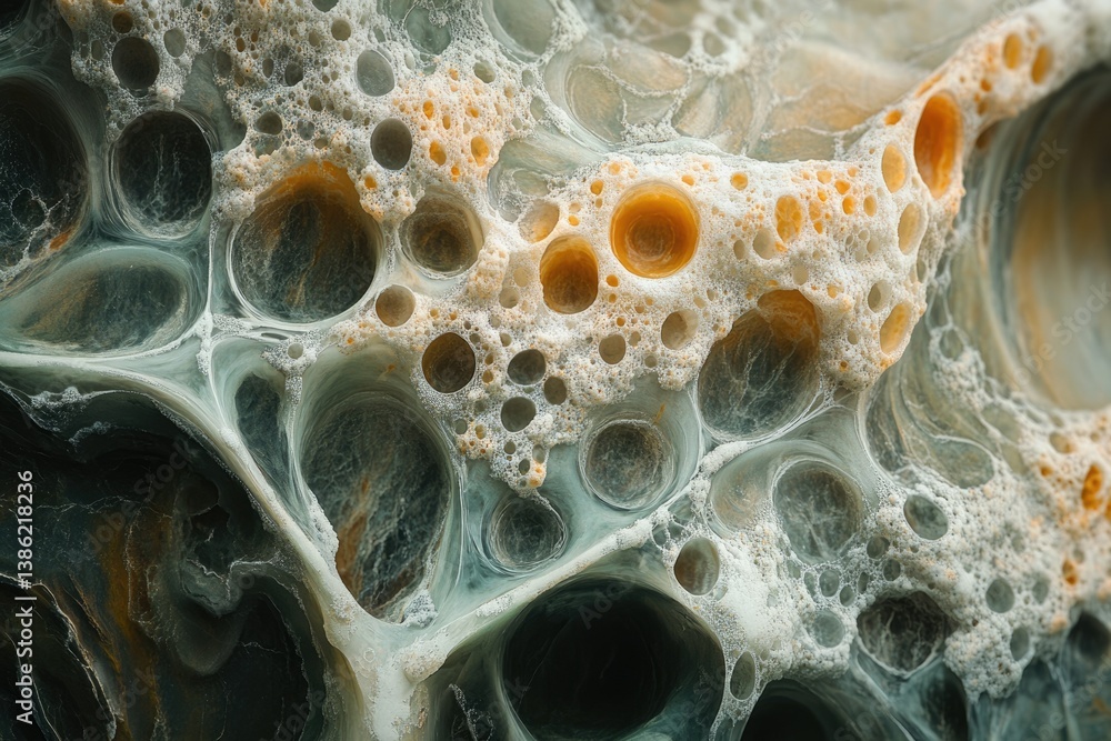 Poster a macro shot reveals intricate, cellular-like structures with various sized holes, colored in white,