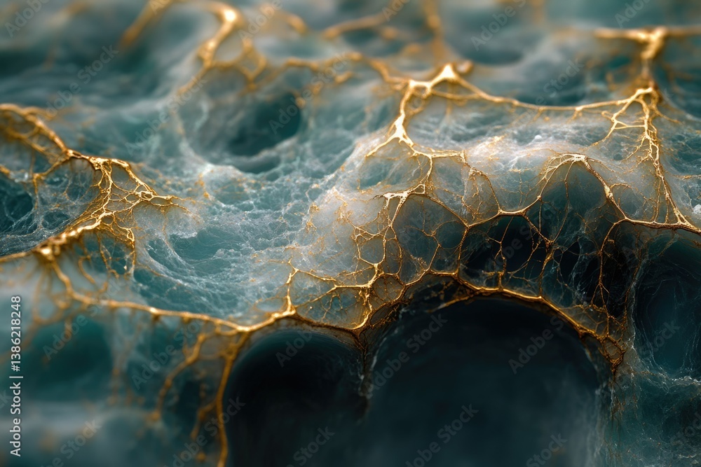 Poster elegant abstract background featuring flowing blue and white forms with delicate golden veins, creat