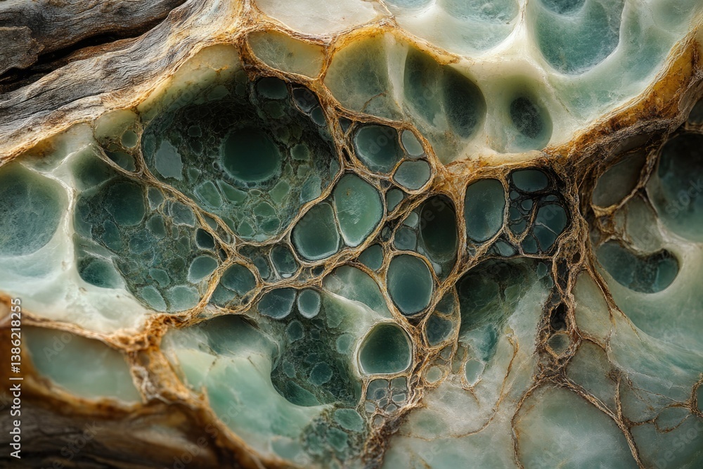 Aufkleber A captivating close-up of a unique stone formation with smooth, rounded green inclusions and intricate veining patterns.