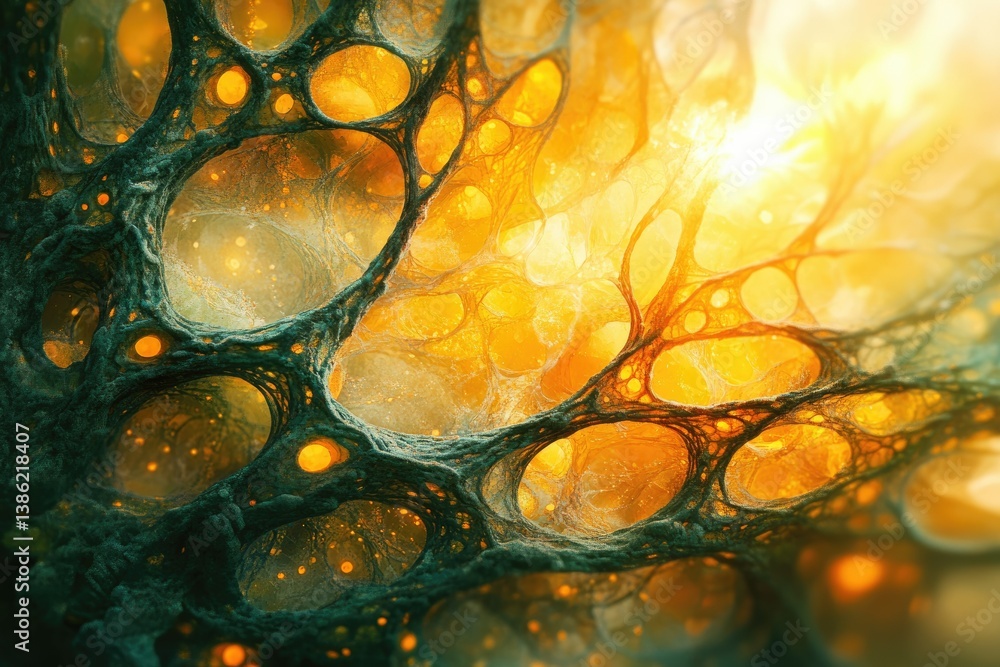 Poster Abstract organic structure with golden orbs, resembling cells or a glowing network with intricate details.