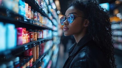 Woman shopping for food in supermarket aisle.