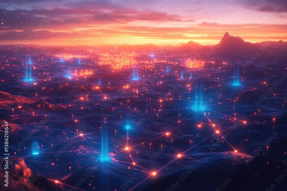Poster a futuristic cityscape glows under a vibrant sunset, showcasing interconnected networks of light and