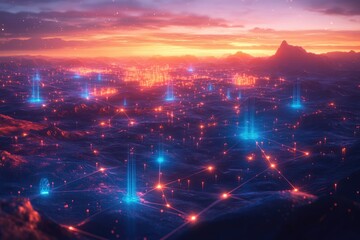 Obraz premium A futuristic cityscape glows under a vibrant sunset, showcasing interconnected networks of light and advanced technology.