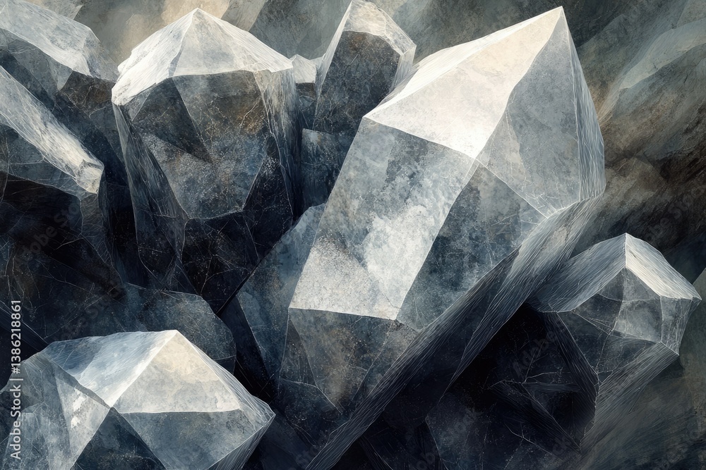 Poster a cluster of large, multifaceted crystals gleam with shades of grey, silver and white, creating a co