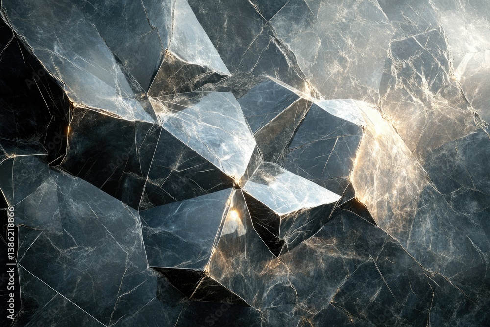 Poster Abstract geometric pattern of sharp, glossy, dark stone fragments with marble-like texture and golden veining.