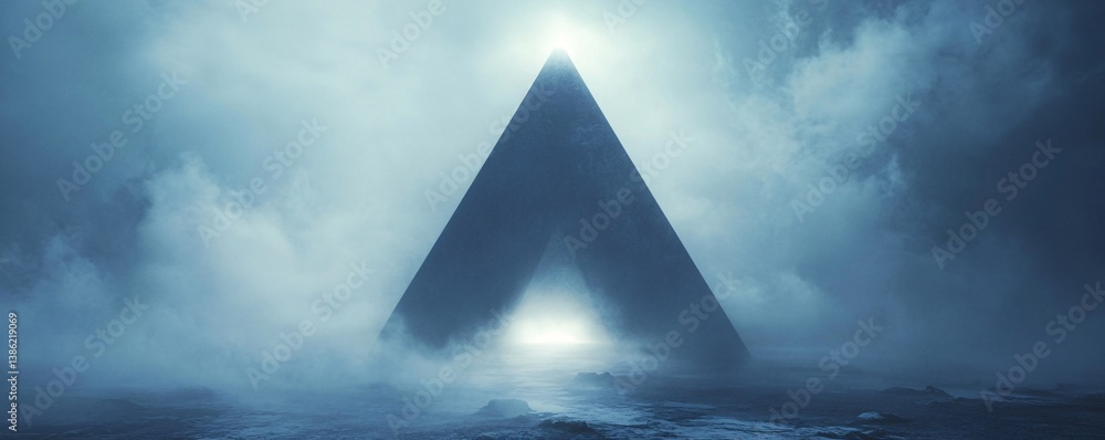 Poster Mysterious triangular shaped building emitting light surrounded by fog