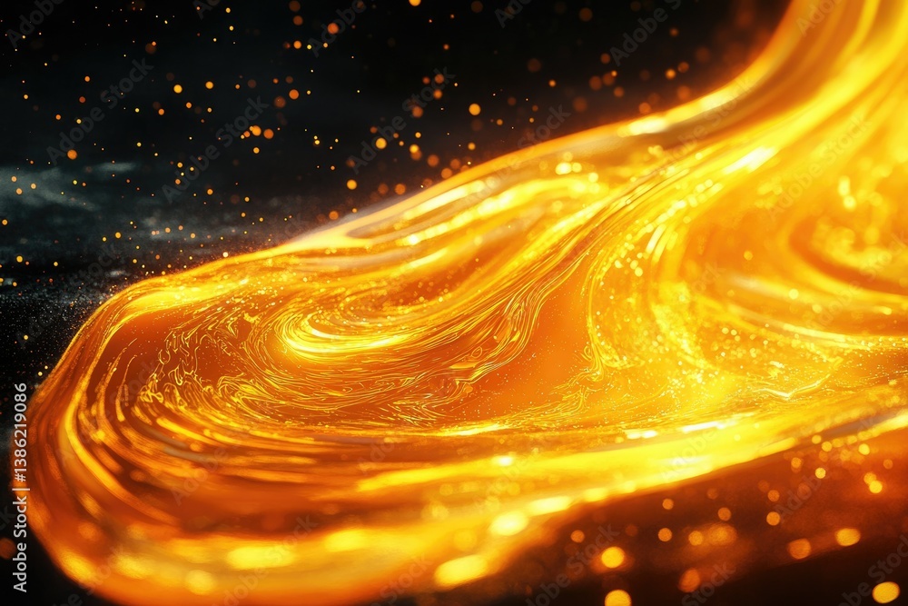 Aufkleber Golden swirling liquid flows with dark background, featuring particles and a captivating abstract design, shining with light and brilliance.