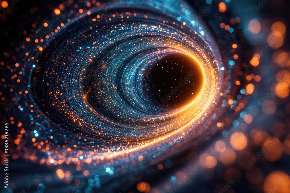 Aufkleber Abstract image of a swirling vortex with blue and orange particles leading to a central, dark opening with faint stars.