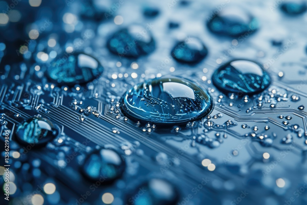 Poster Water droplets on a circuit board, reflecting its intricate pattern, showcasing technology's vulnerability and beauty in a unique perspective.