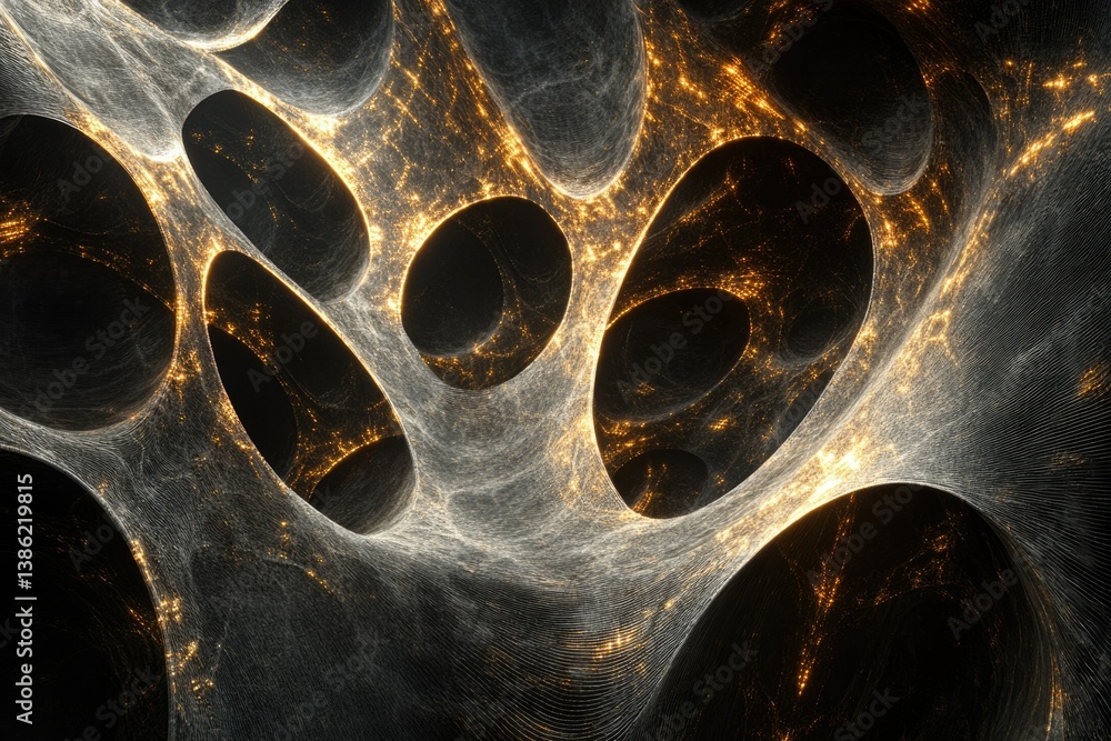 Poster An abstract, futuristic network-like structure with interconnected openings, illuminated by golden light on a dark background, resembling a digital landscape.