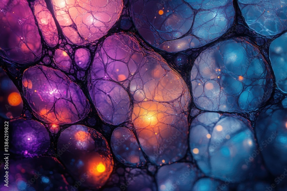 Poster Abstract, cell-like formations in shades of purple and blue, illuminated with soft internal lights, resembling biological structures or cosmic entities.