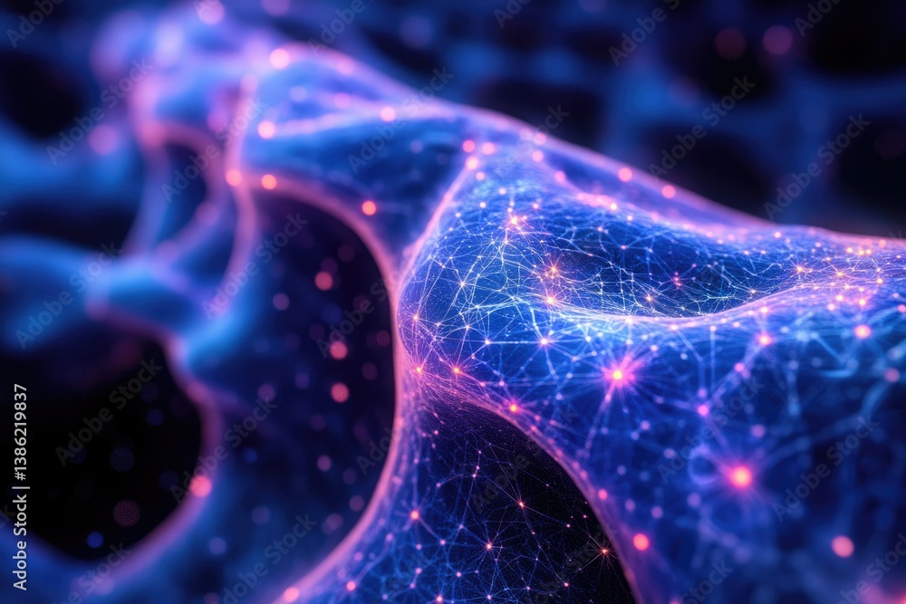 Poster Abstract network of interconnected nodes, resembling a neural network with vibrant blue and pink hues, showing data flow and connectivity.