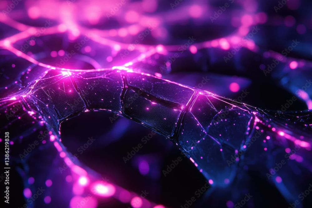 Poster abstract digital network with interconnected nodes and glowing pink and blue light trails, suggestiv