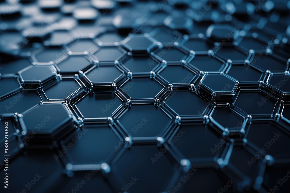 Fototapete Hexagonal pattern with a metallic structure and dark filling. Abstract and technological background with great depth of field and shallow focus.