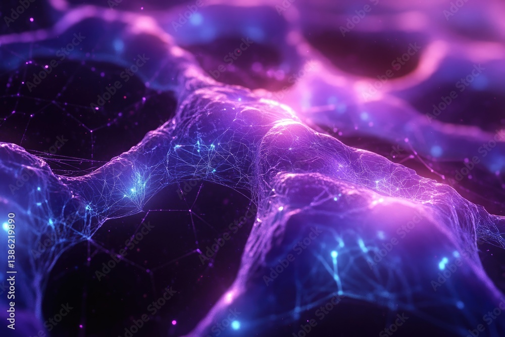 Poster abstract network background with glowing nodes and connections in shades of purple and blue, conveyi