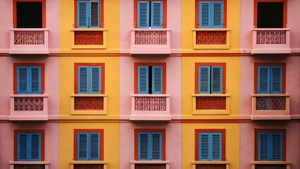 Fototapeta premium A building facade with blue shuttered windows and decorative balconies in yellow and pink colorscheme design