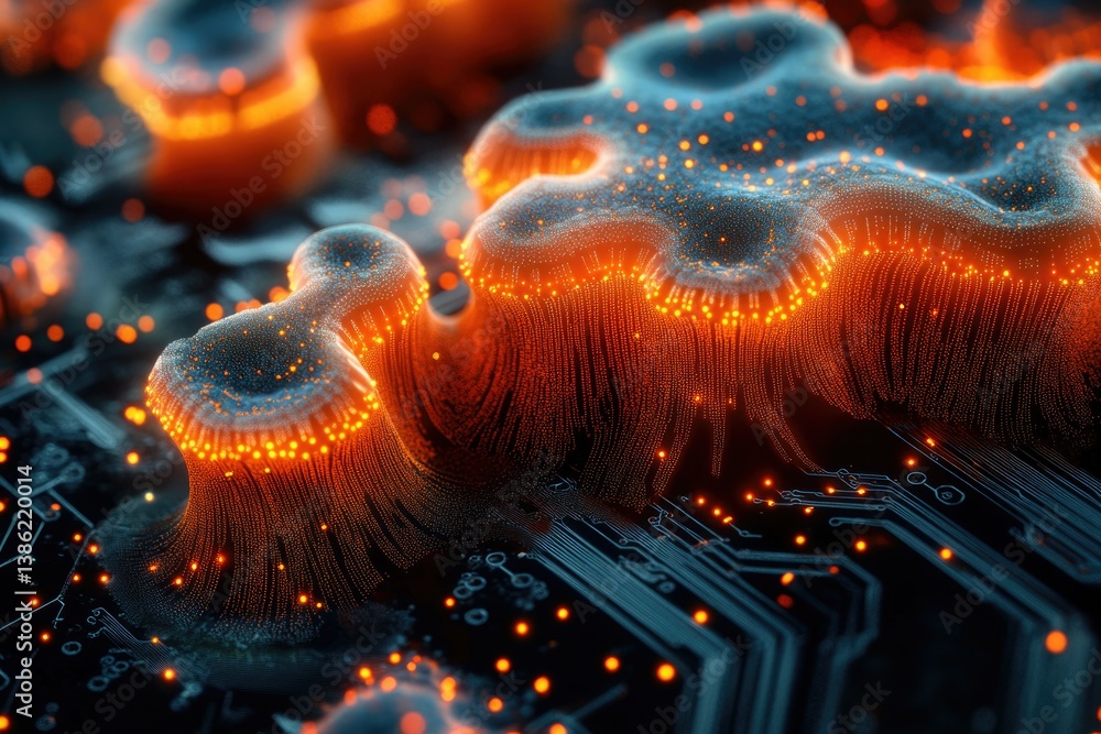 Poster Abstract digital landscape with glowing orange filaments emerging from a circuit board, creating a futuristic technological scene.