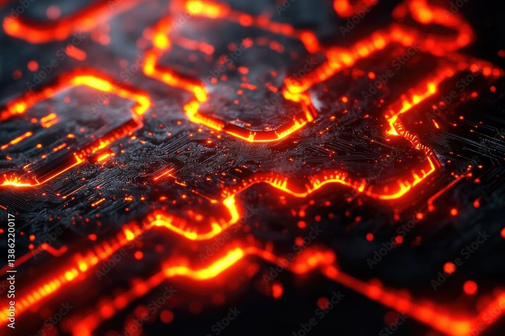 Fototapete abstract dark surface with glowing red-orange patterns resembling a futuristic circuit board or lava