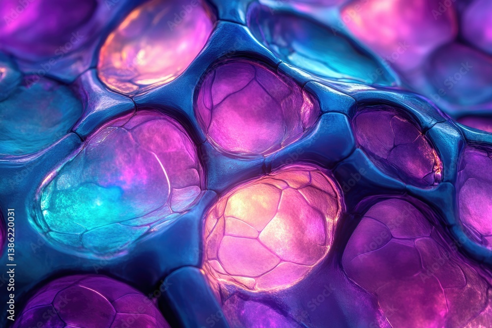 Poster an abstract close-up showing iridescent, interconnected cells with a vibrant blend of blue, pink, an