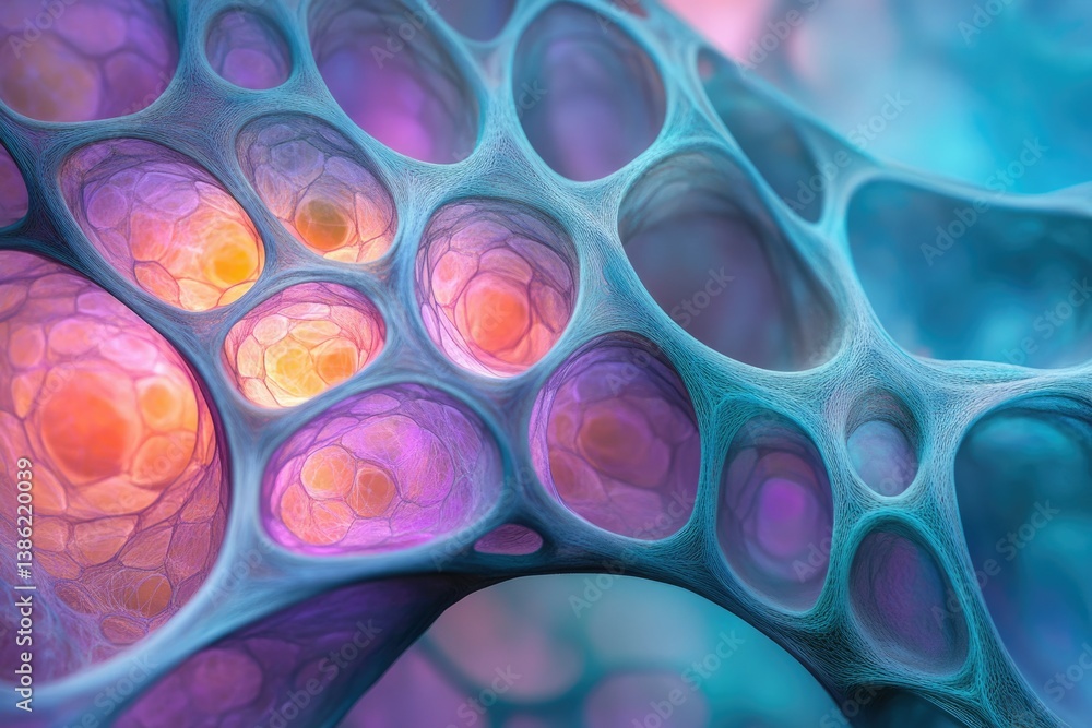 Aufkleber Abstract vibrant organic structure of cells with intricate interconnected network, glowing and colorful, resembling biological tissue or microscopic organism.