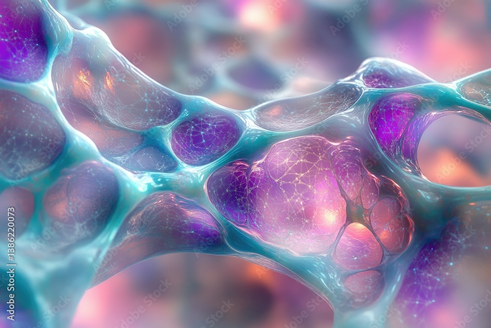 Poster abstract depiction of interconnected cells or biological structures, rendered with vibrant purple an