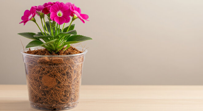 Pink flowers in pot with coconut substrate against neutral background  