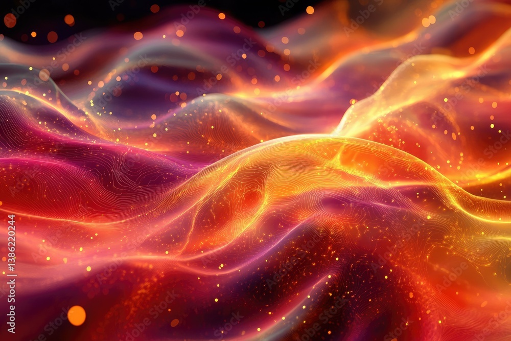Poster Abstract waves of vibrant orange, red, and purple hues create a mesmerizing and dynamic landscape with shimmering particles.