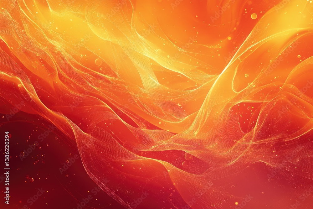 Poster Abstract image featuring flowing, translucent shapes in warm tones of orange, yellow, and red, with small bokeh-like elements throughout the composition.