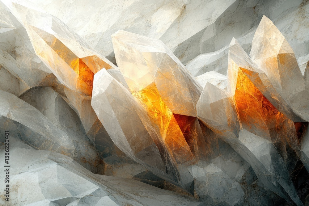 Poster a captivating display of sharp, translucent crystals with golden hues nestled within a textured, gre