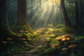 Naklejka premium Porcini mushrooms sprouting through a mossy forest floor, bathed in ethereal sunlight breaking through the trees.