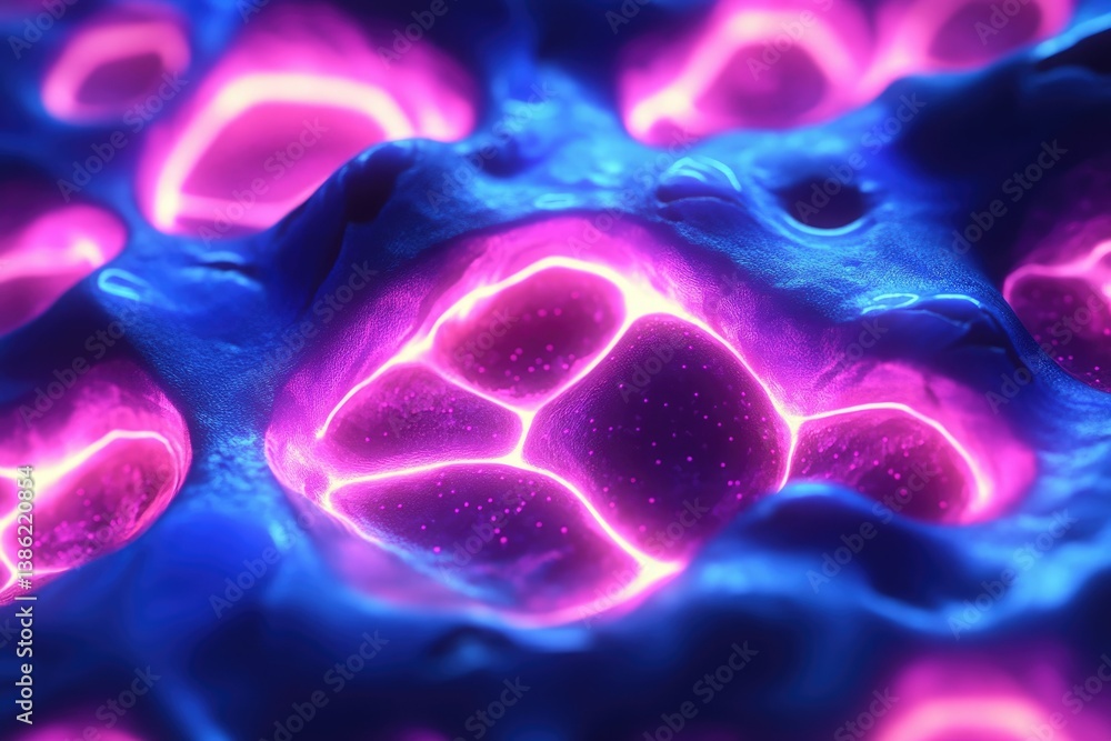 Poster Abstract, close-up macro image showing a surface with bioluminescent cells in pink, connected by glowing white lines, against a blue background.