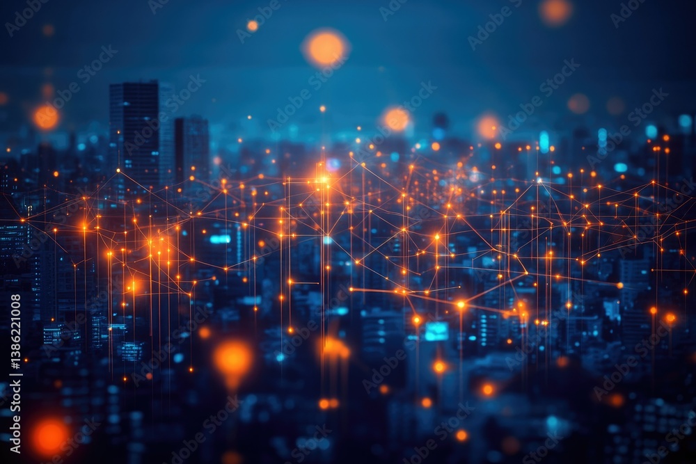 Aufkleber a futuristic cityscape is interconnected by a network of glowing orange lines and bokeh lights again