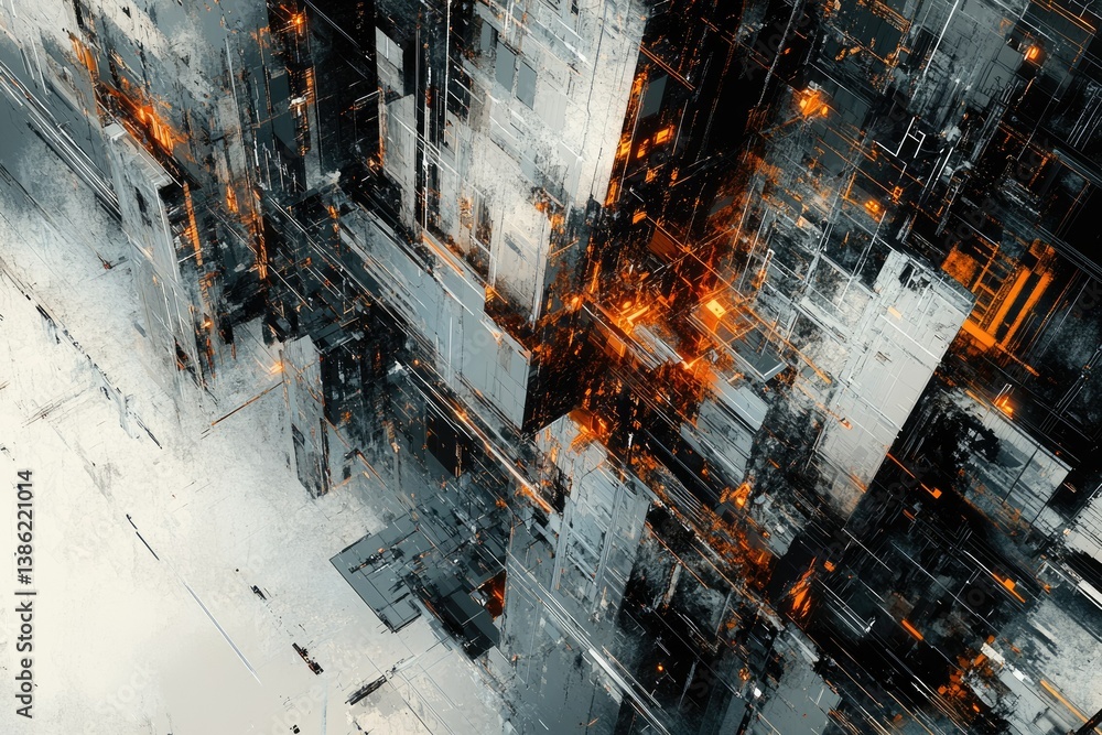 Poster Abstract digital cityscape with glowing orange elements, featuring a futuristic and geometric design.