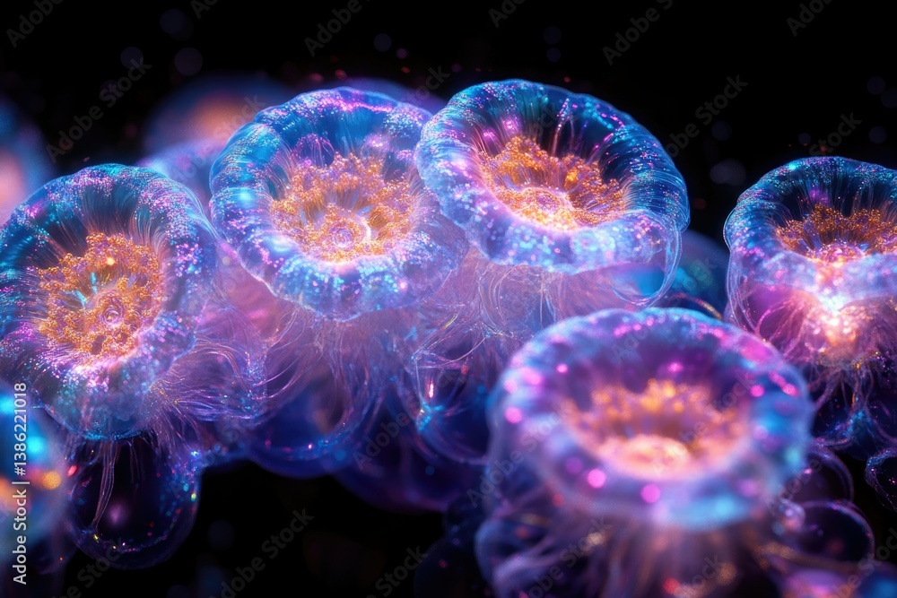 Poster Glowing jellyfish-like organisms with intricate patterns and vibrant colors, set against a dark background, appear ethereal and otherworldly.