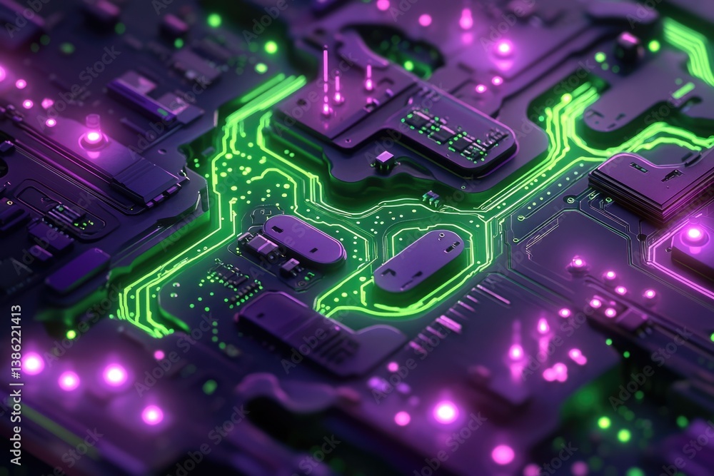 Leinwandbilder A close-up view of a vibrant circuit board with illuminated green and pink pathways and components.
