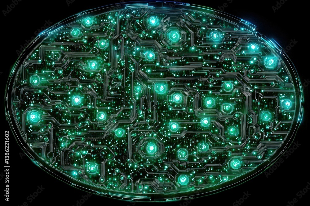 Aufkleber Abstract glowing circuit board design with vibrant green lights, set against a dark background in an oval shape.