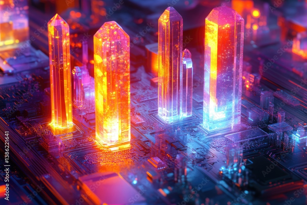 Poster crystals glow with light on a complex circuit board, showing a blend of technology and futuristic ar