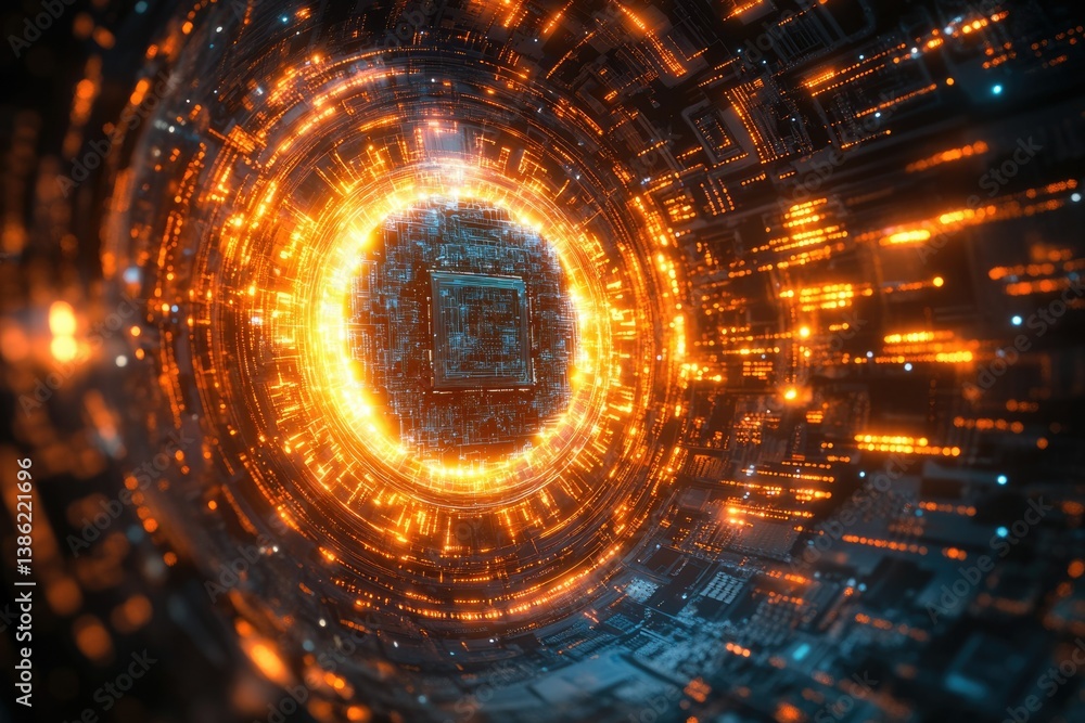 Poster Abstract futuristic technology tunnel with glowing orange lights and intricate circuit board patterns, evoking advanced data processing.