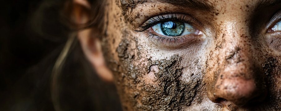 Young woman showing determination with mud on her face