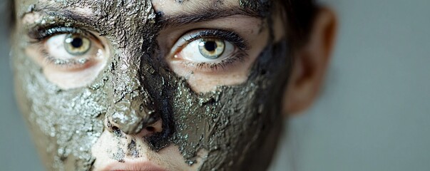 Woman applying clay mask to face