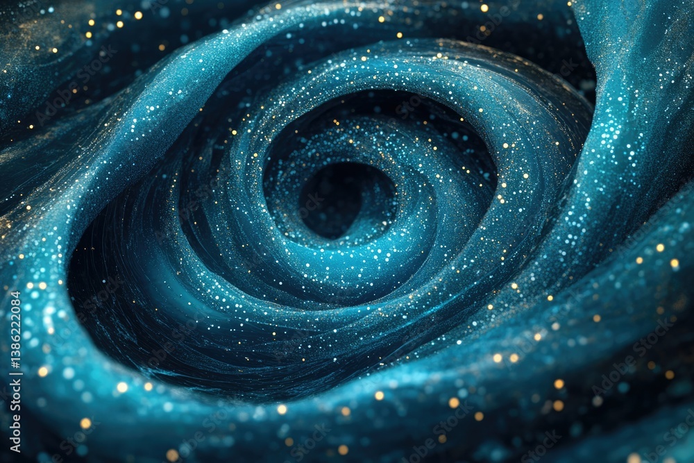 Poster An abstract swirling vortex of deep teal material sprinkled with shimmering white and golden particles, creating a mesmerizing, dreamlike texture.