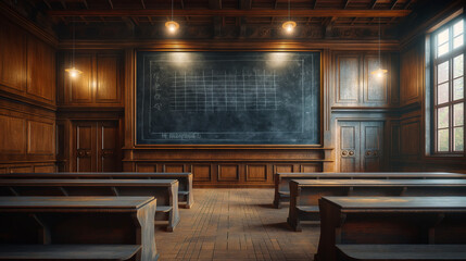 Historic Wooden Classroom Interior with Chalkboard and Benches
