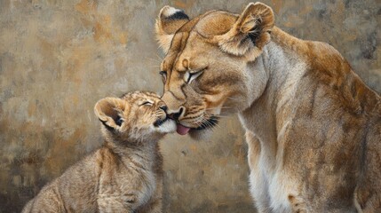 Obraz premium Tender Lioness and Cub Embrace