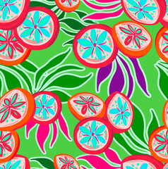 Seamless print with colorful oranges and colorful cashews. Green and colorful leaves.