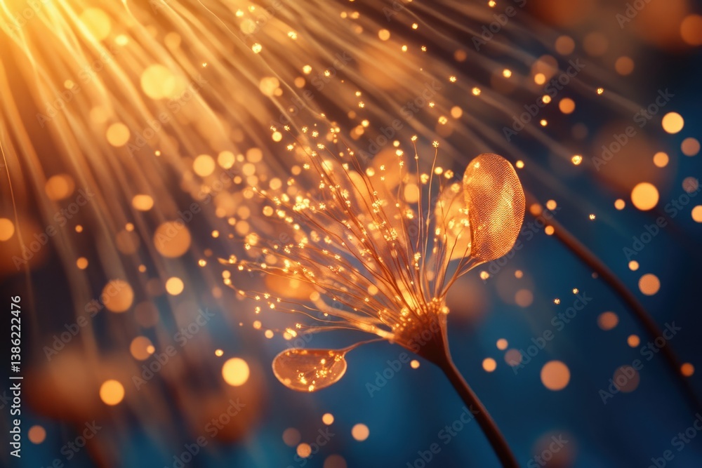 Poster abstract golden flower with glowing particles, creating an ethereal and dreamy atmosphere with warm 