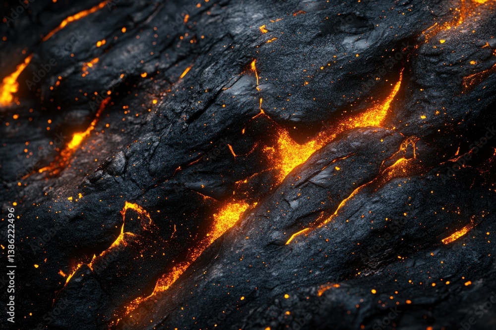 Aufkleber molten lava flows between dark, jagged rocks, creating a striking contrast of fire and stone in the 
