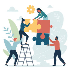 Business Teamwork concept. Contemporary flat style abstract vector illustration of a company of diverse people putting together a huge puzzle details. 